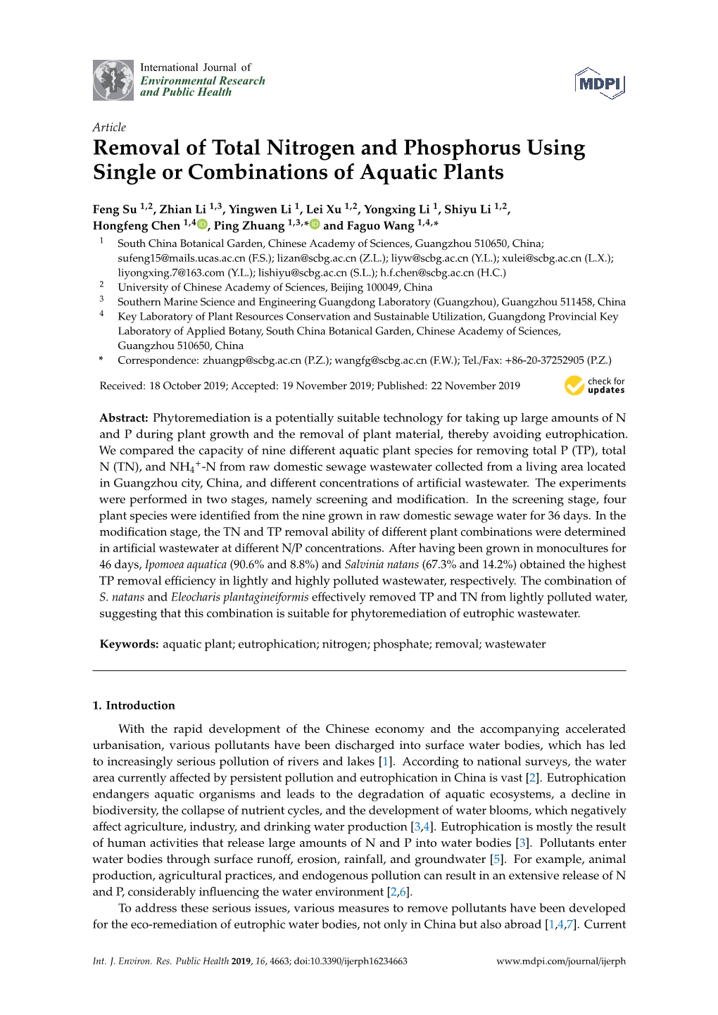 Removal of Total Nitrogen and Phosphorus Using Single Or Combinations of Aquatic Plants