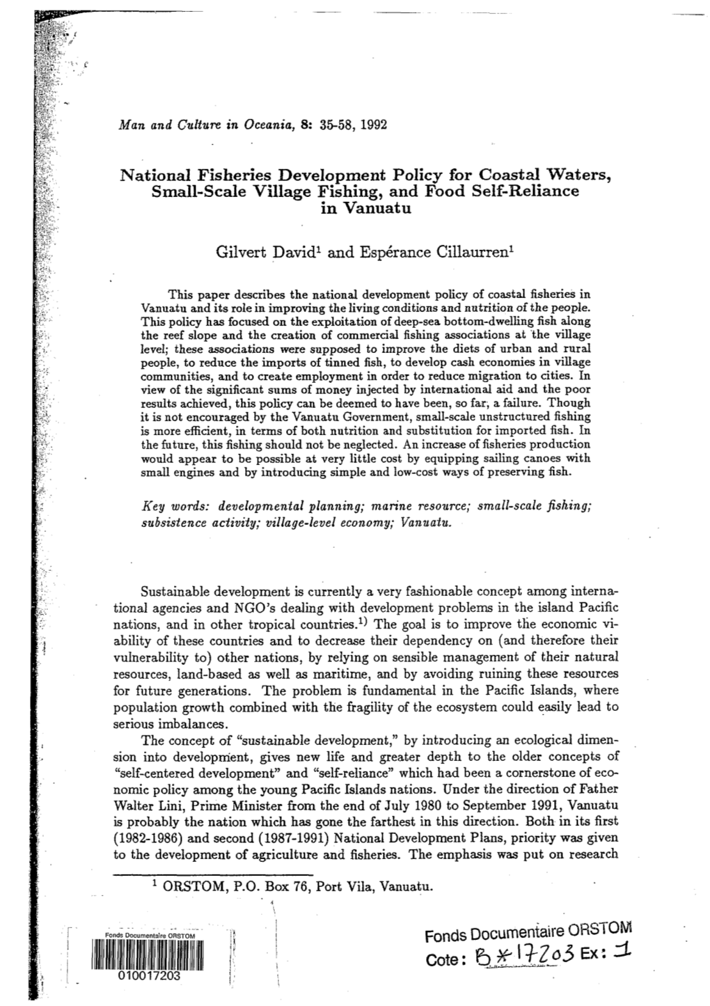 National Fisheries Development Policy for Coastal Waters, Small-Scale Village Fishing, and Food Sel€-Reliance in Vanuatu