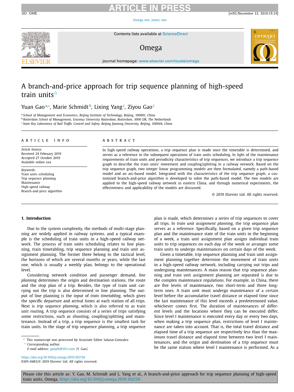 A Branch-And-Price Approach for Trip Sequence Planning of High-Speed R Train Units