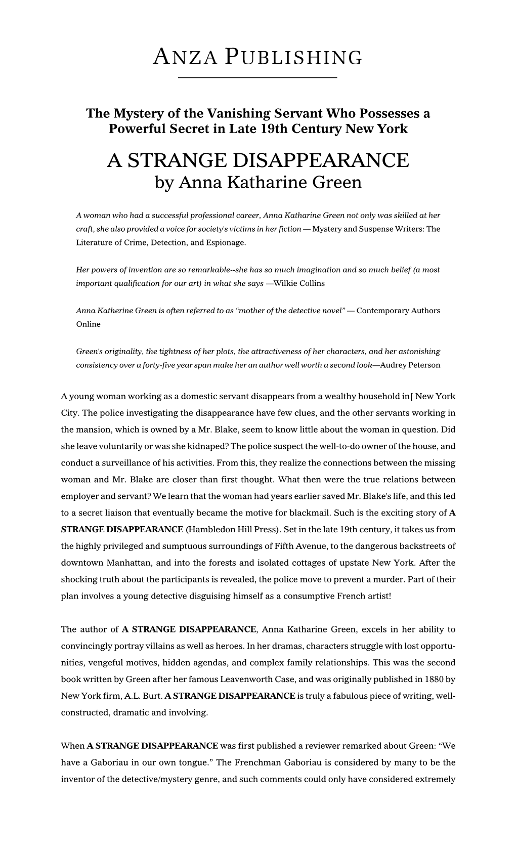 A STRANGE DISAPPEARANCE by Anna Katharine Green