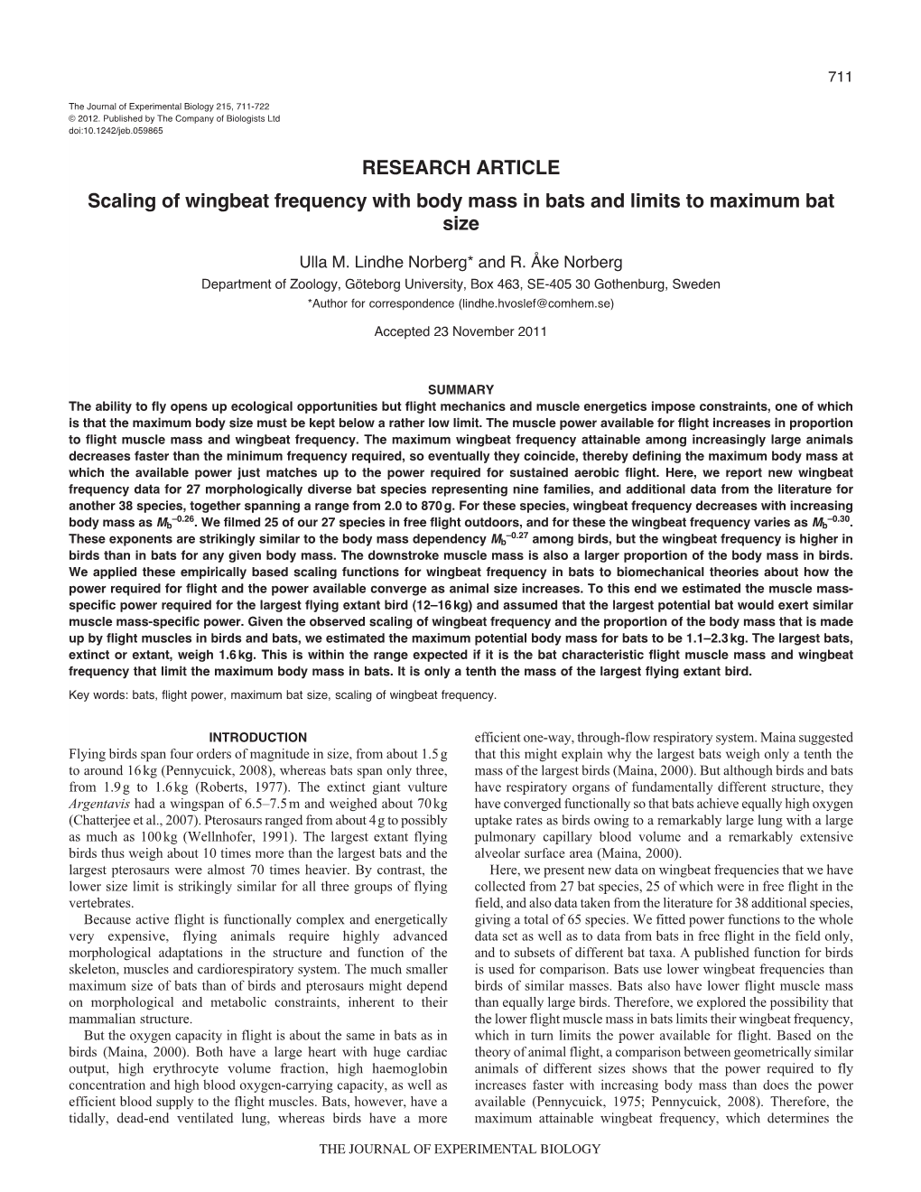 Sacling of Wingbeat Frequency with Body Mass in Bats and Limits To