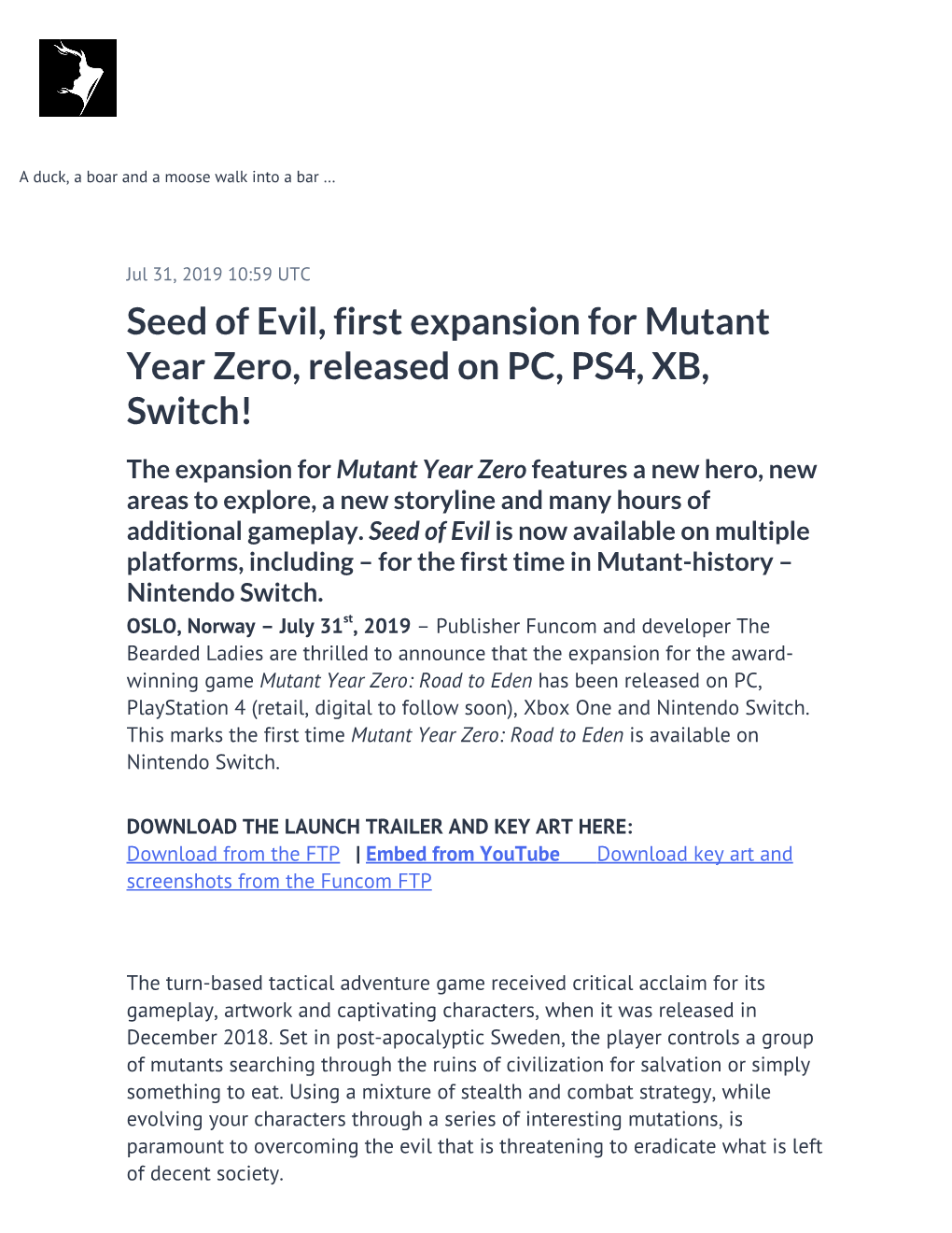 Seed of Evil, First Expansion for Mutant Year Zero, Released on PC, PS4, XB, Switch!