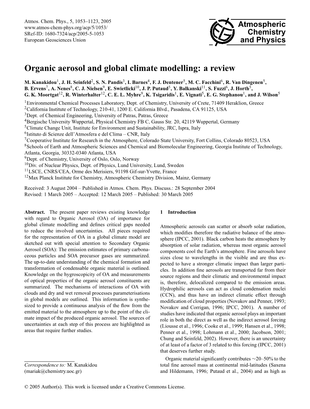 Organic Aerosol and Global Climate Modelling: a Review