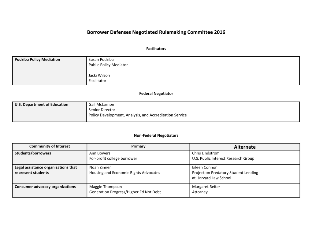 Borrower Defenses Negotiated Rulemaking Committee 2016 January 2016 (MS Word)