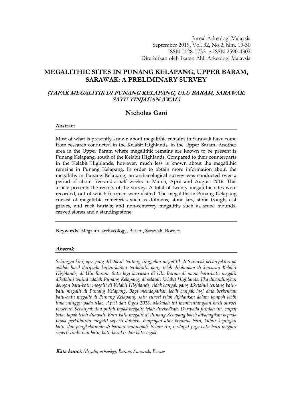 Megalithic Sites in Punang Kelapang, Upper Baram, Sarawak: a Preliminary Survey