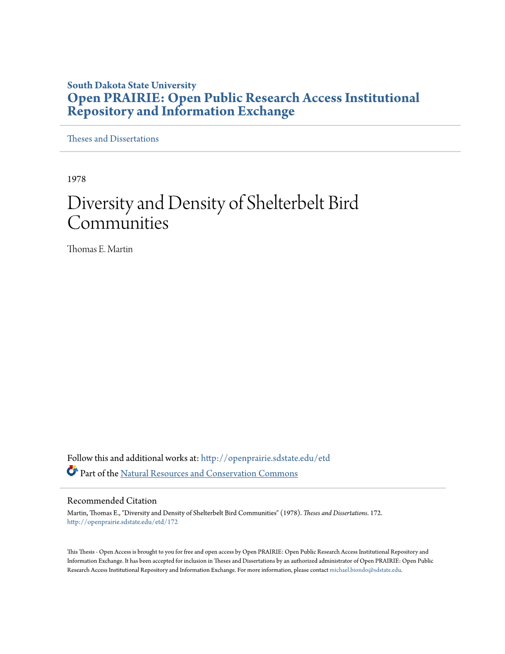 Diversity and Density of Shelterbelt Bird Communities Thomas E