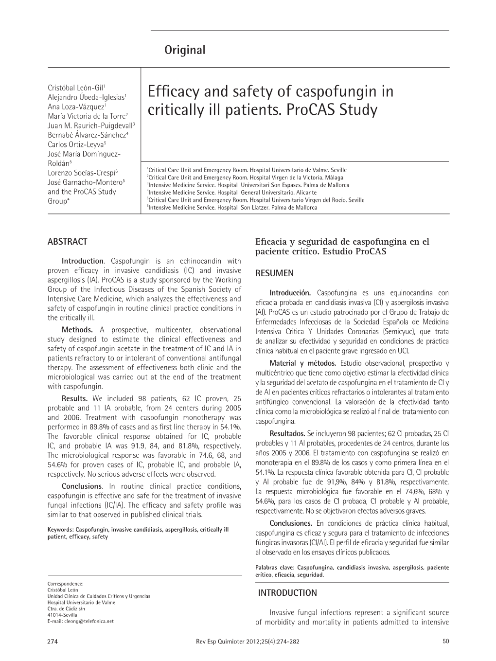 Efficacy and Safety of Caspofungin in Critically Ill Patients. Procas Study