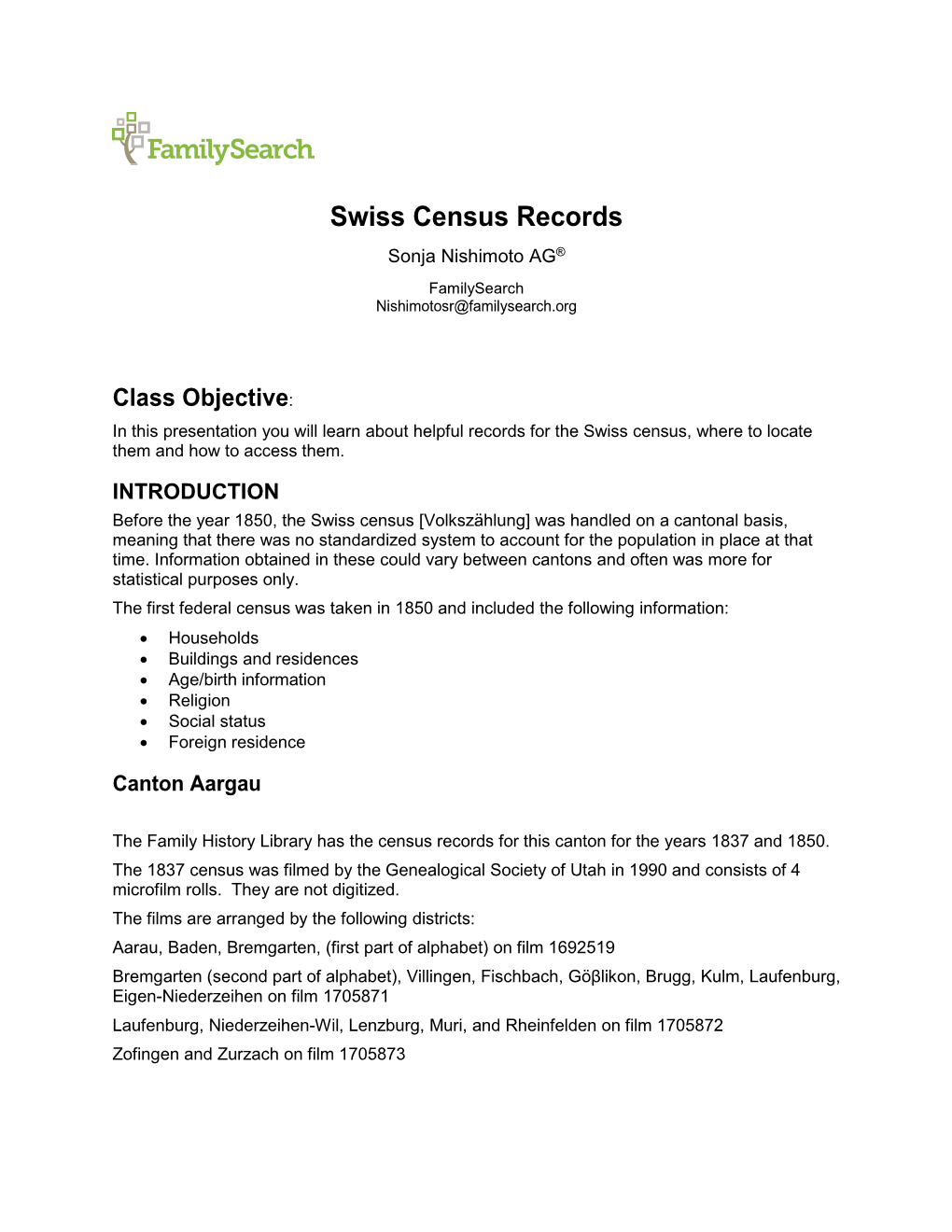 Swiss Census Records Sonja Nishimoto AG® Familysearch Nishimotosr@Familysearch.Org