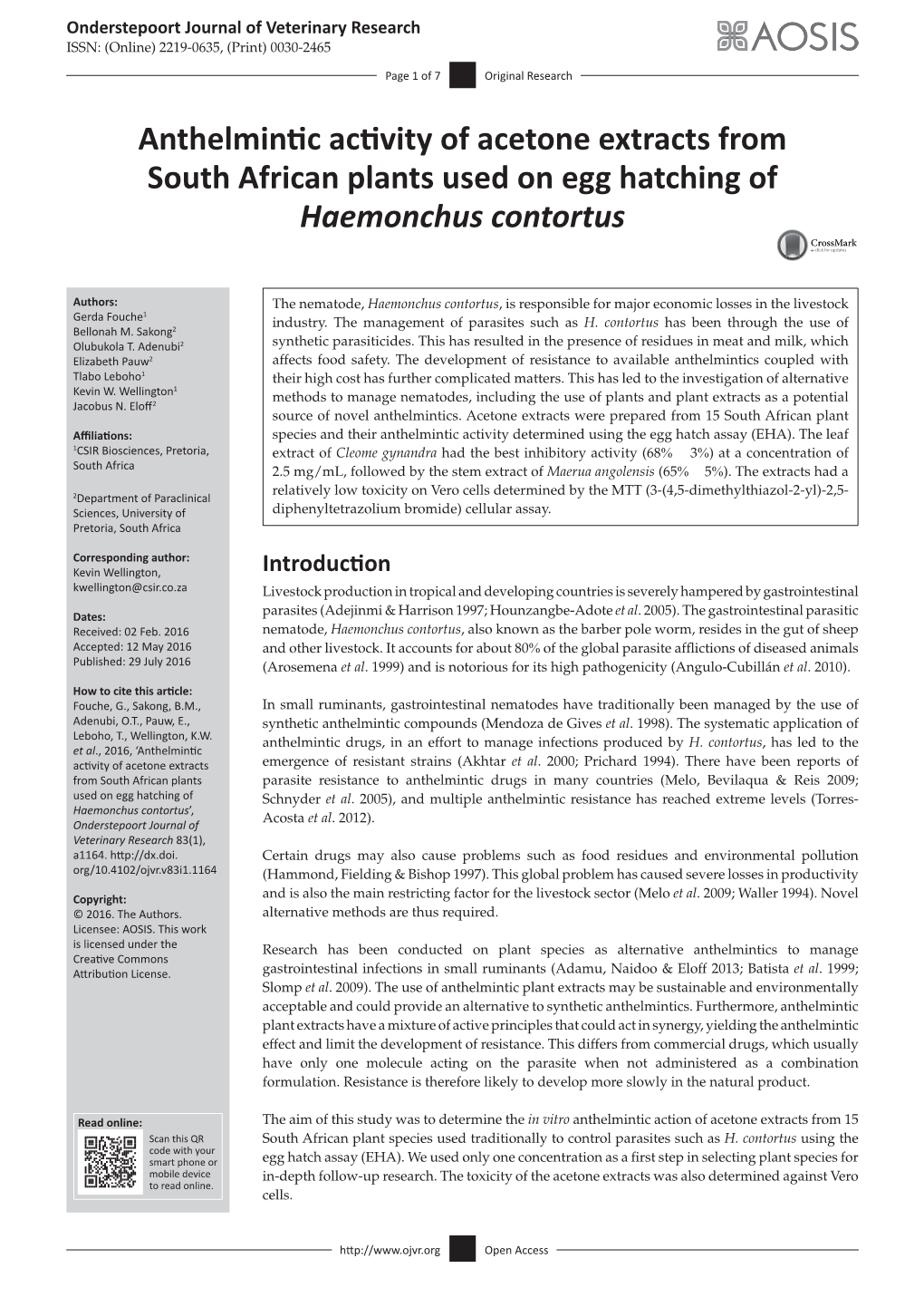 Anthelmintic Activity of Acetone Extracts from South African Plants Used on Egg Hatching of Haemonchus Contortus