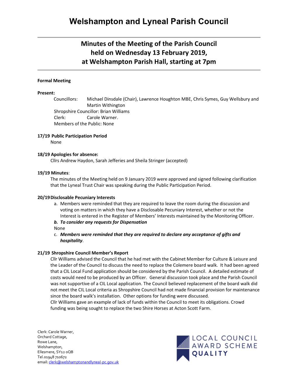 Minutes of the Meeting of the Parish Council Held on Wednesday 13 February 2019, at Welshampton Parish Hall, Starting at 7Pm