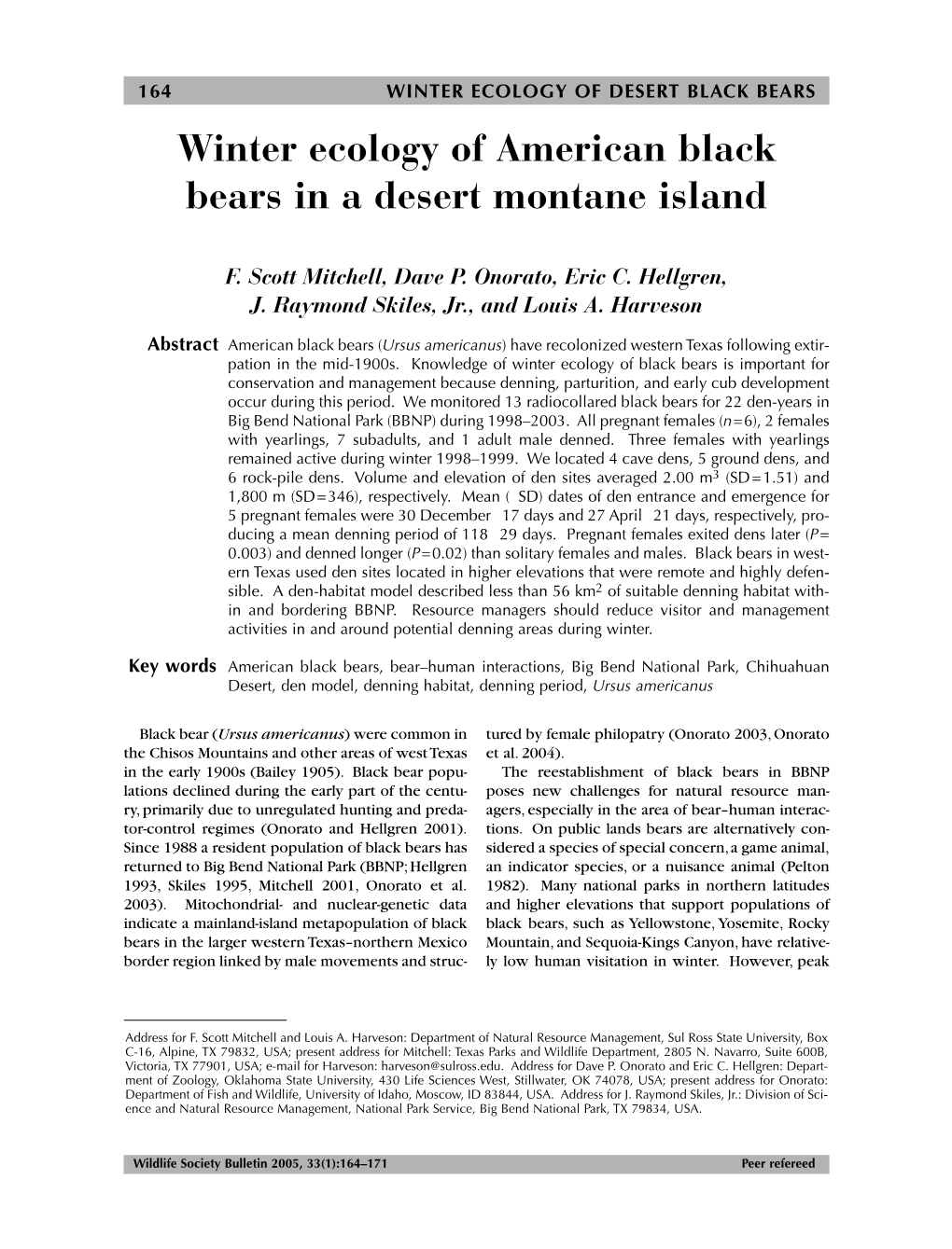 Winter Ecology of American Black Bears in a Desert Montane Island