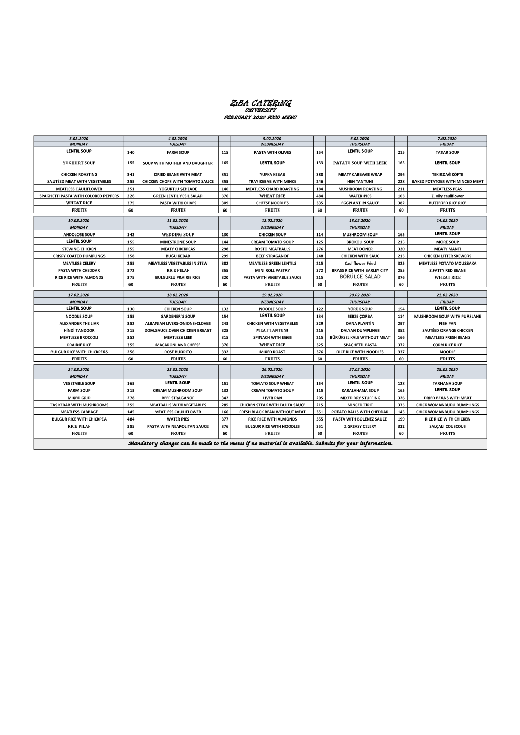 Zıba Caterıng University February 2020 Food Menu