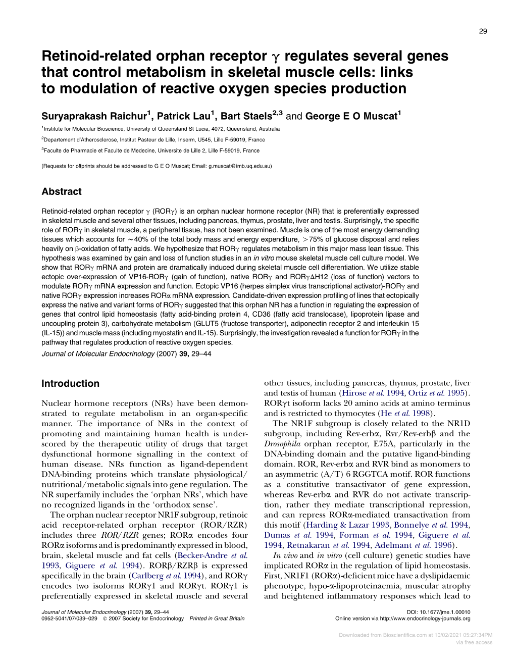 Retinoid-Related Orphan Receptor G Regulates Several Genes That Control Metabolism in Skeletal Muscle Cells: Links to Modulation of Reactive Oxygen Species Production