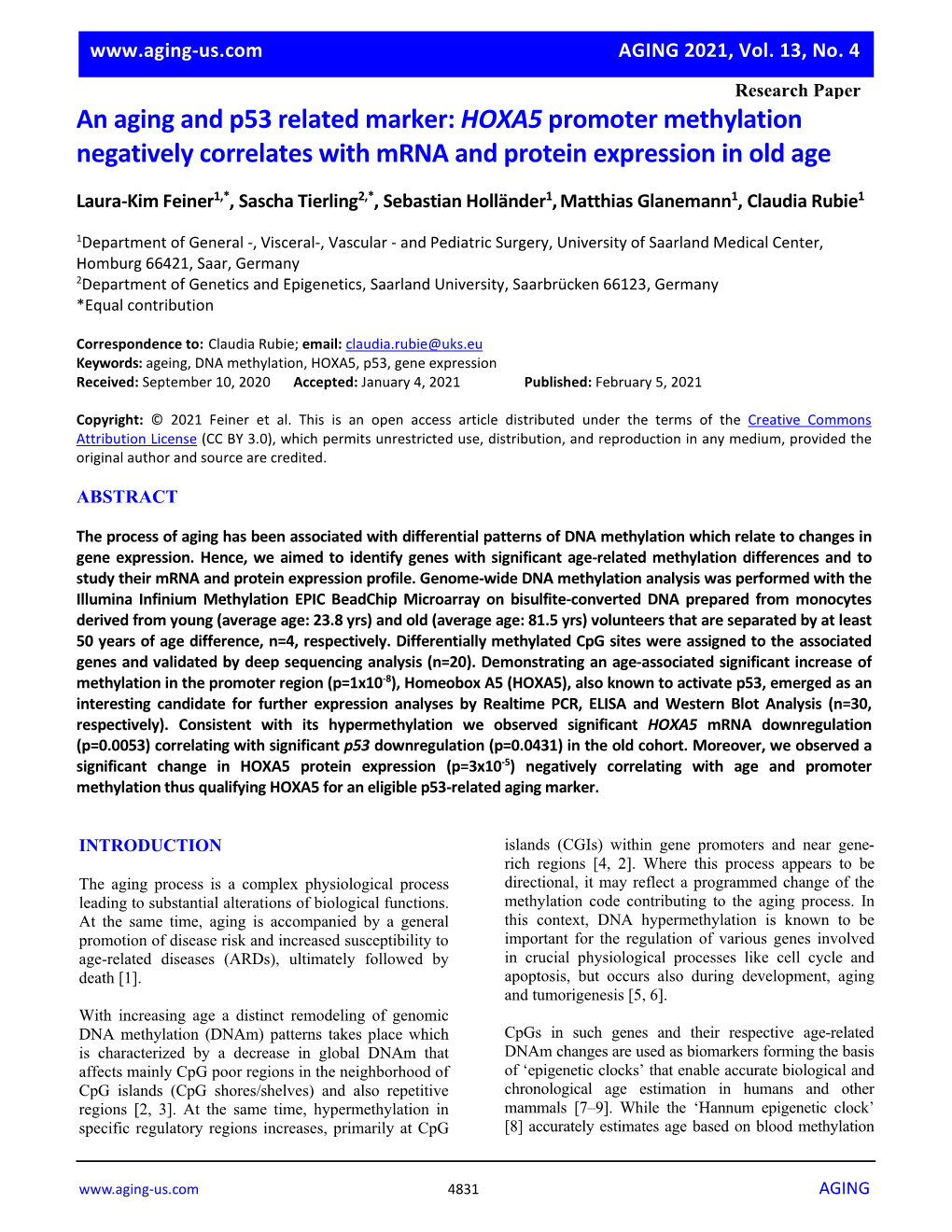 HOXA5 Promoter Methylation Negatively Correlates with Mrna and Protein Expression in Old Age