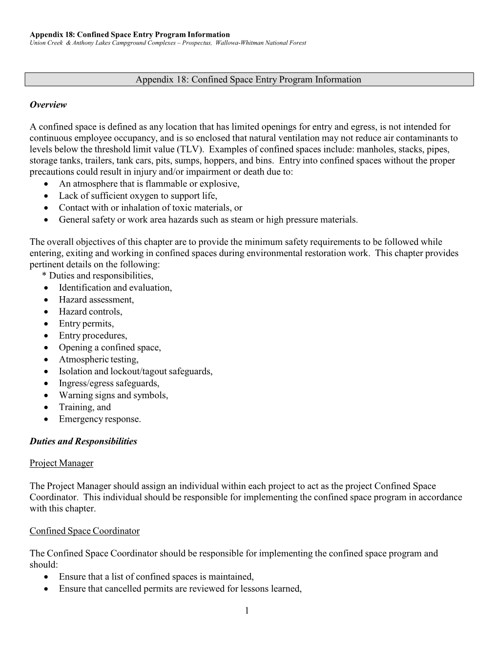 Appendix 18: Confined Space Entry Program Information Union Creek & Anthony Lakes Campground Complexes – Prospectus, Wallowa-Whitman National Forest