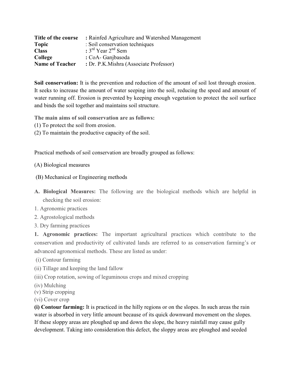 Title of the Course : Rainfed Agriculture and Watershed