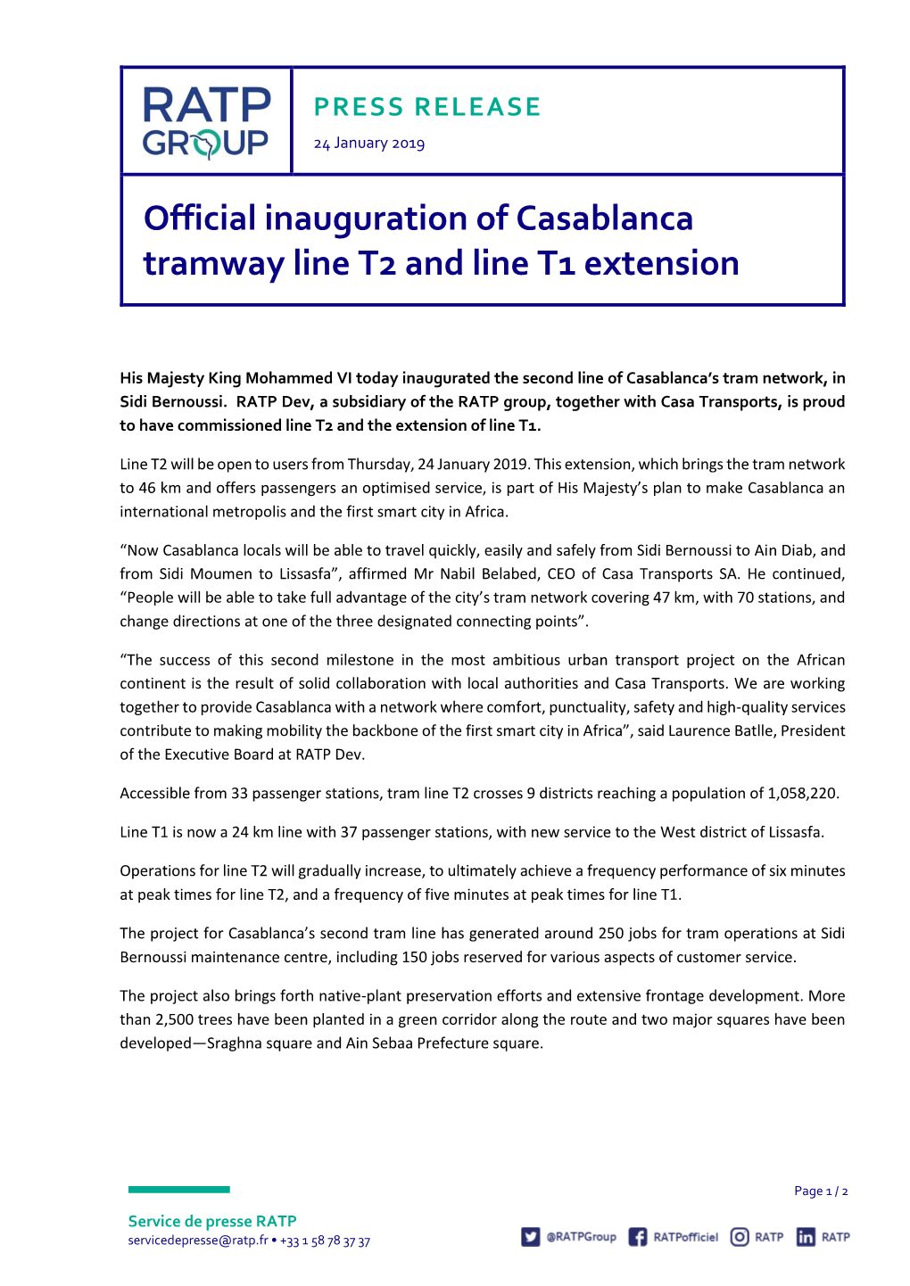 Official Inauguration of Casablanca Tramway Line T2 and Line T1 Extension