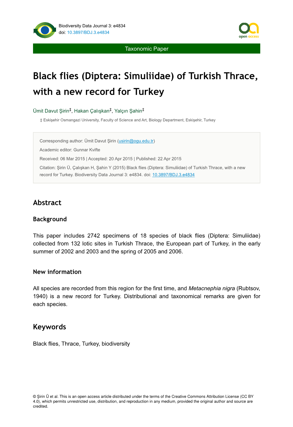 Diptera: Simuliidae) of Turkish Thrace, with a New Record for Turkey