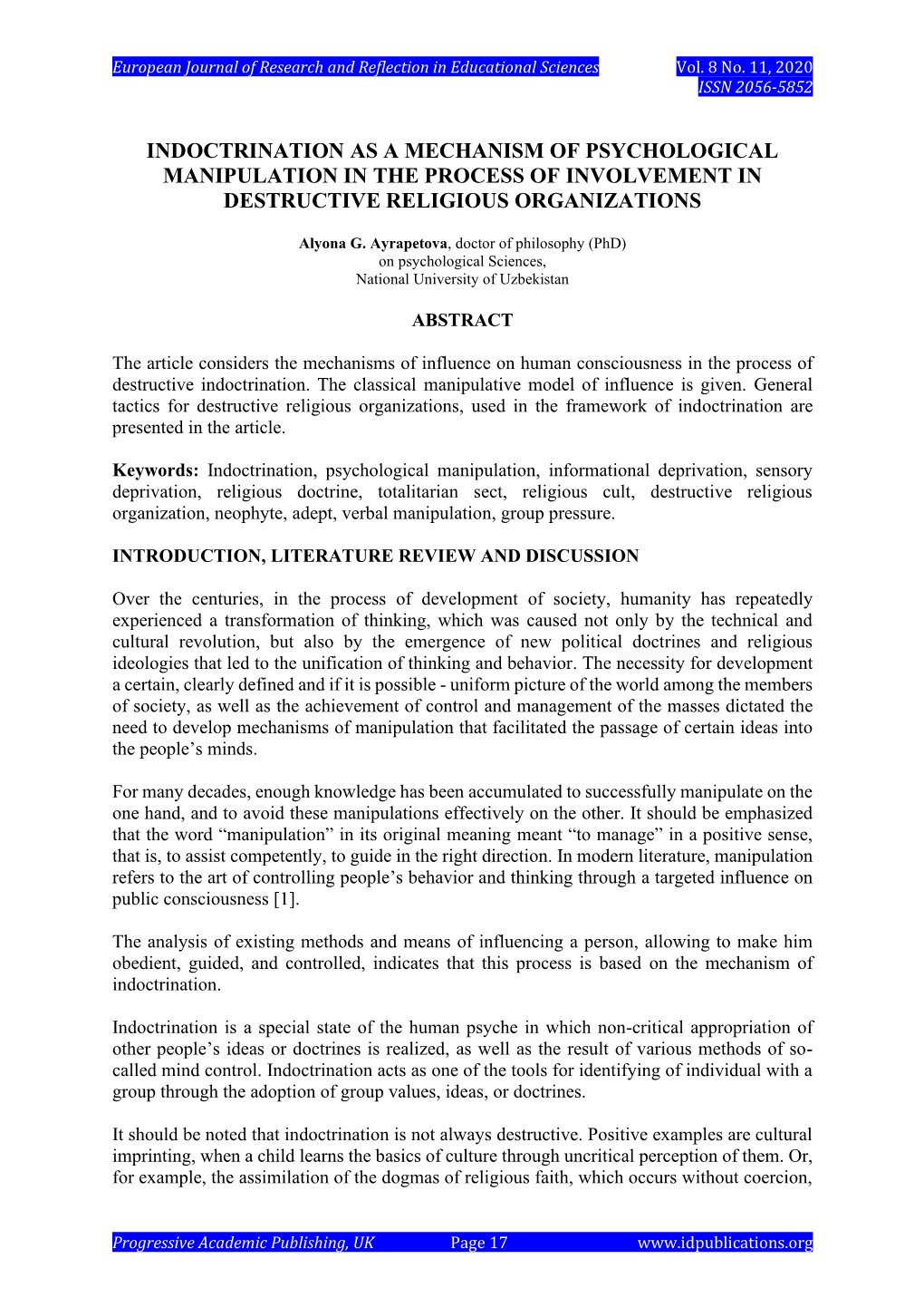 Indoctrination As a Mechanism of Psychological Manipulation in the Process of Involvement in Destructive Religious Organizations