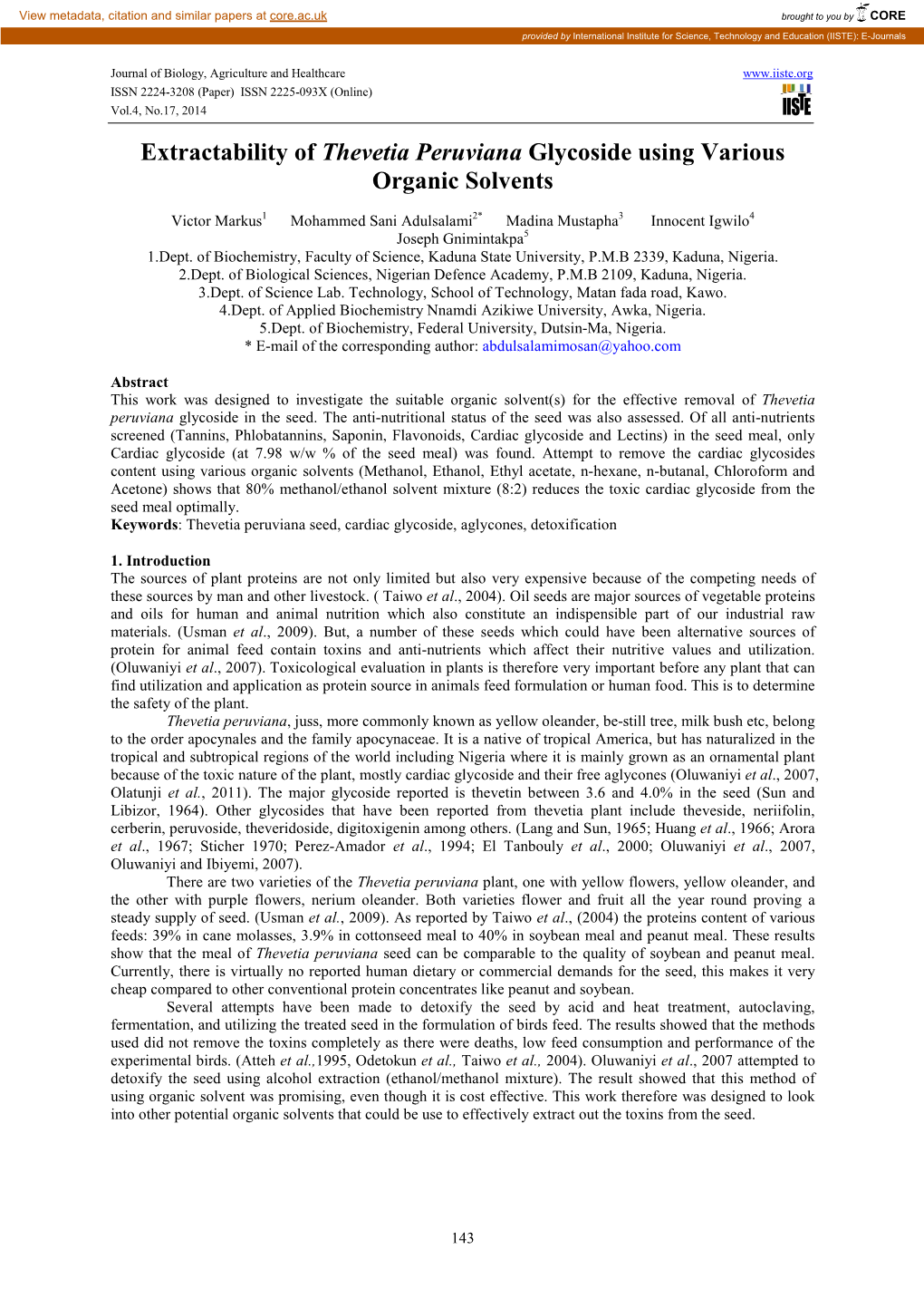 Extractability of Thevetia Peruviana Glycoside Using Various Organic Solvents