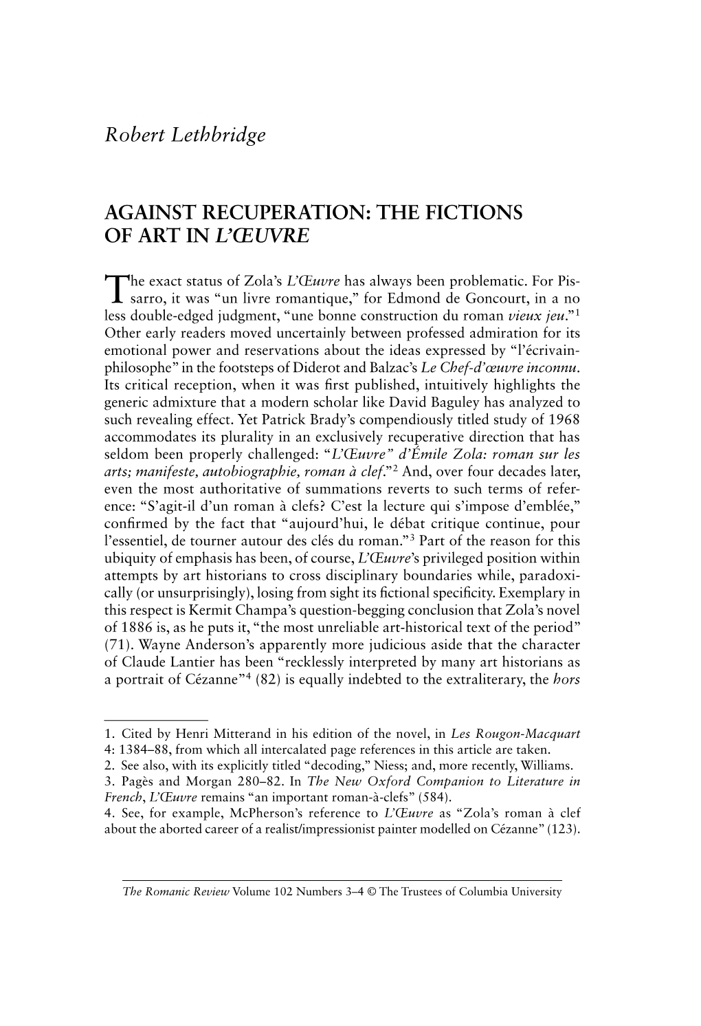 Robert Lethbridge AGAINST RECUPERATION: the FICTIONS