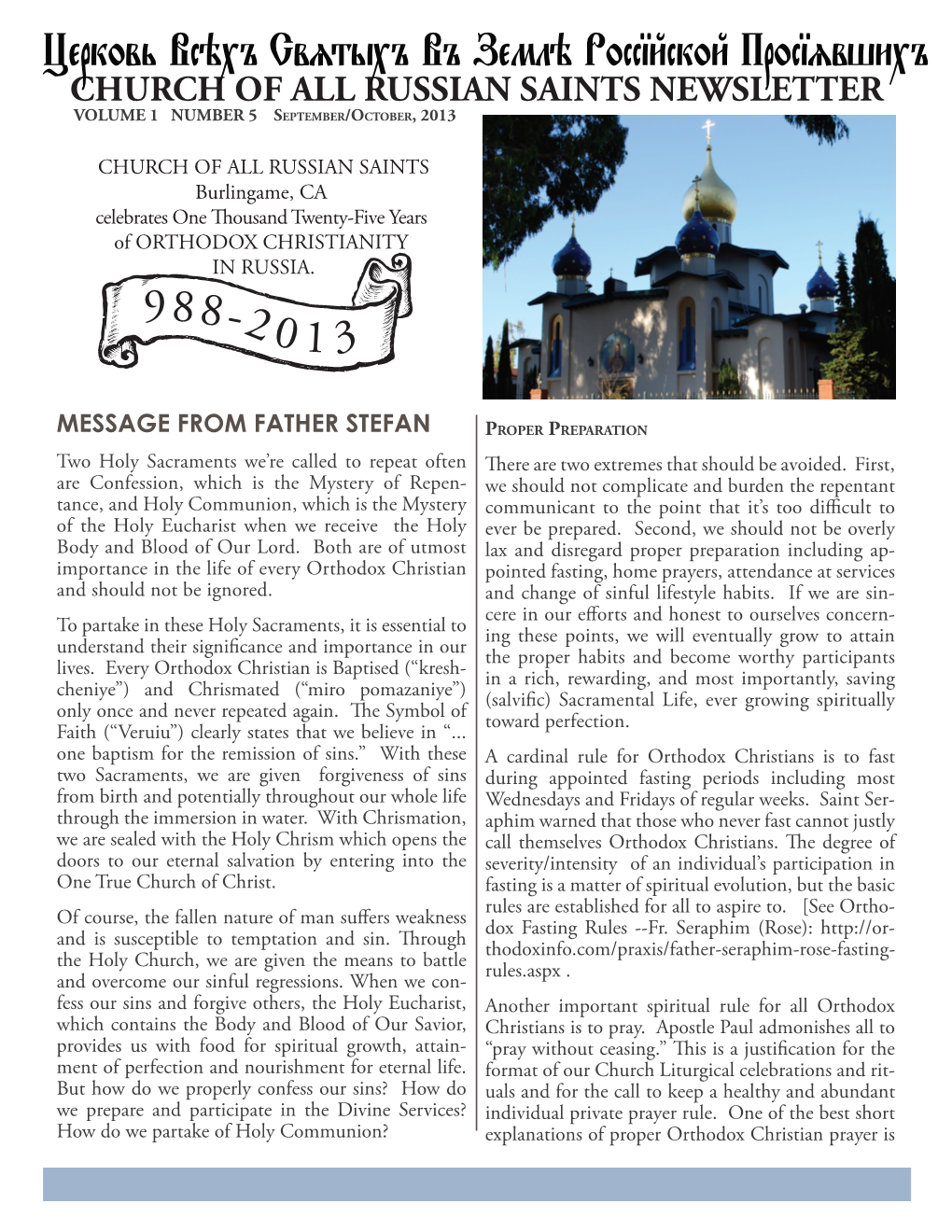 CHURCH of ALL RUSSIAN SAINTS NEWSLETTER VOLUME 1 NUMBER 5 September/October, 2013