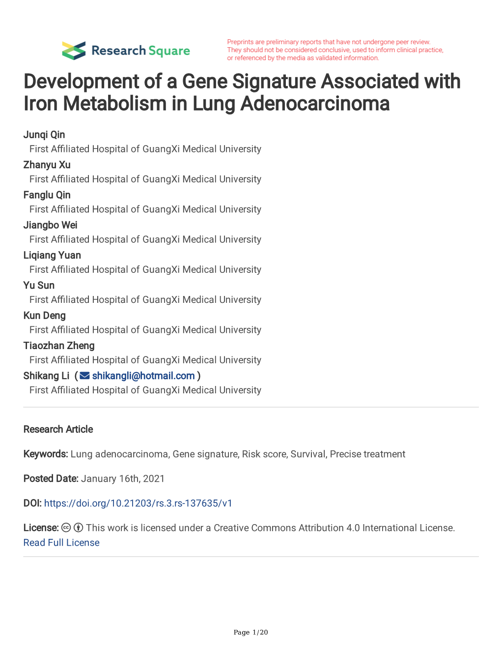Development of a Gene Signature Associated with Iron Metabolism in Lung Adenocarcinoma