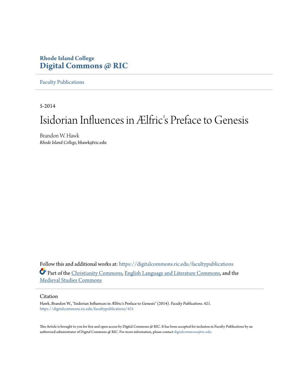 Isidorian Influences in Ælfric's Preface to Genesis Brandon W