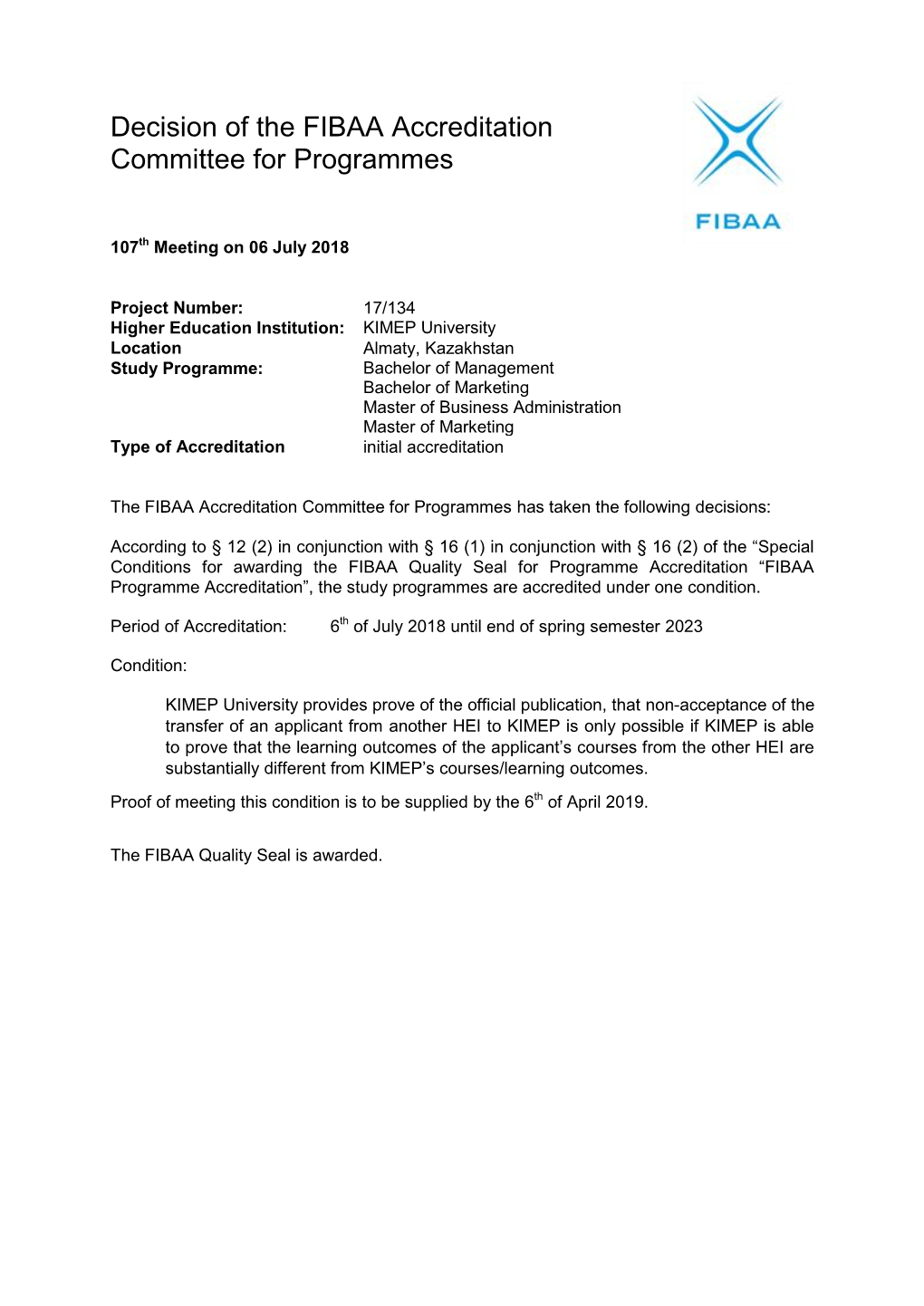 Decision of the FIBAA Accreditation Committee for Programmes
