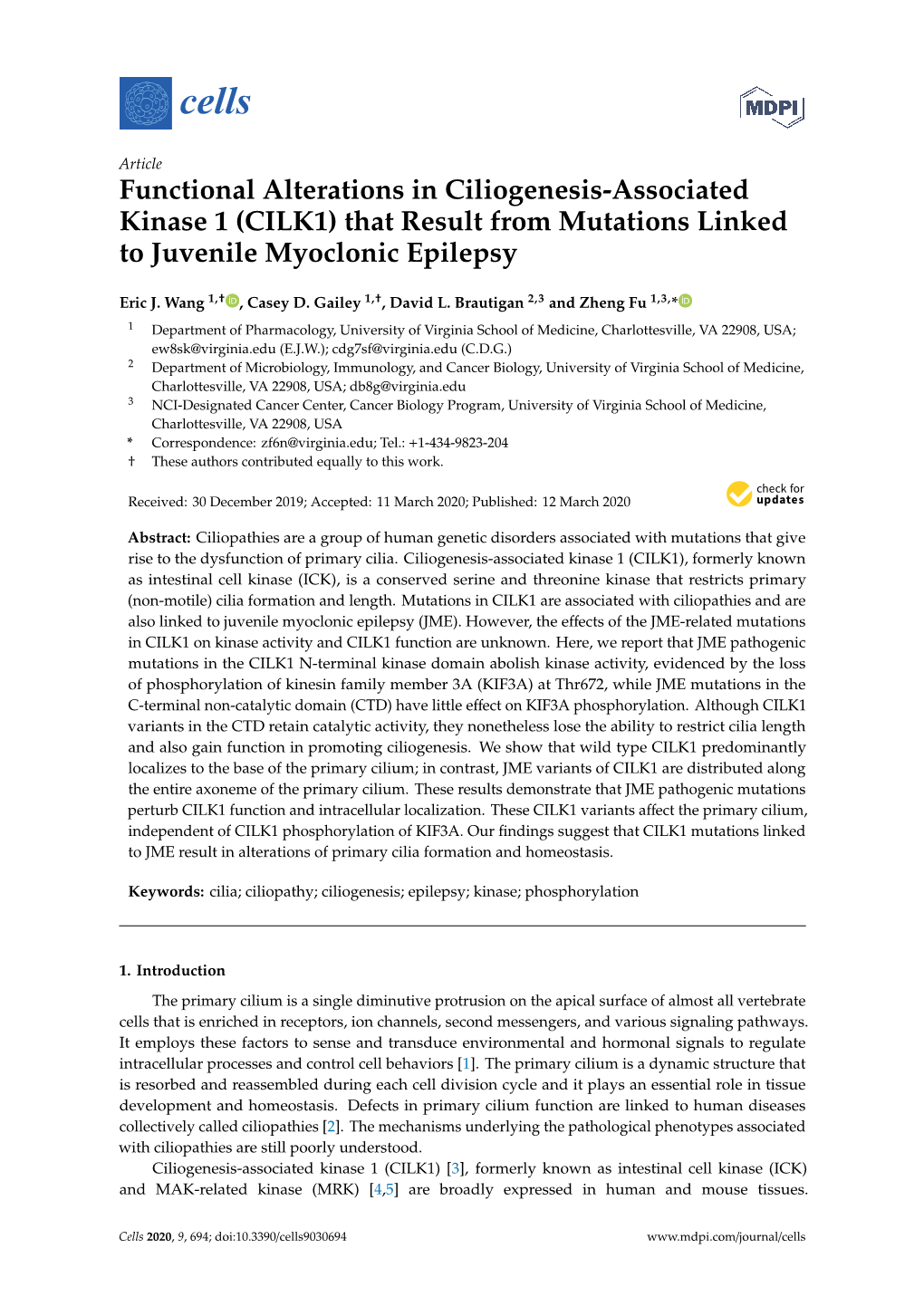 Functional Alterations in Ciliogenesis-Associated Kinase 1 (CILK1) That Result from Mutations Linked to Juvenile Myoclonic Epilepsy