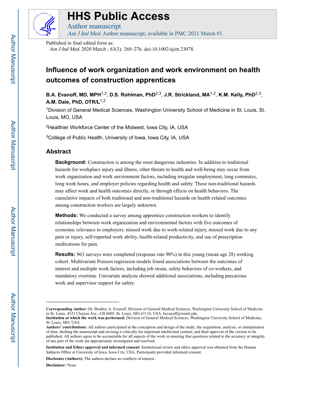 Influence of Work Organization and Work Environment on Health Outcomes of Construction Apprentices
