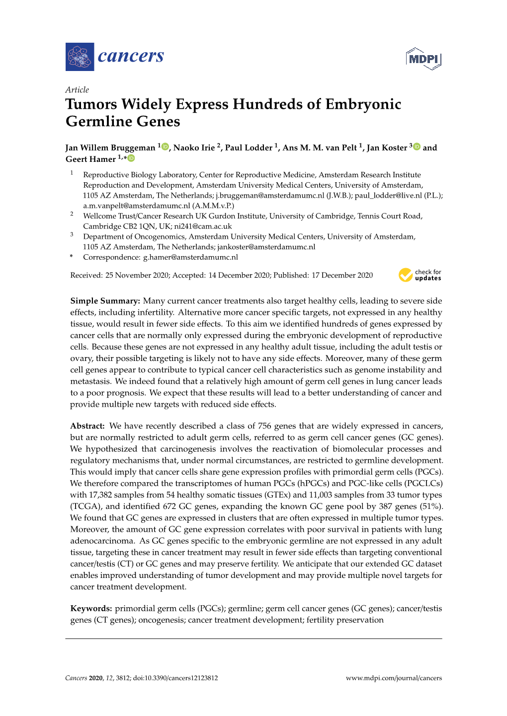 Tumors Widely Express Hundreds of Embryonic Germline Genes