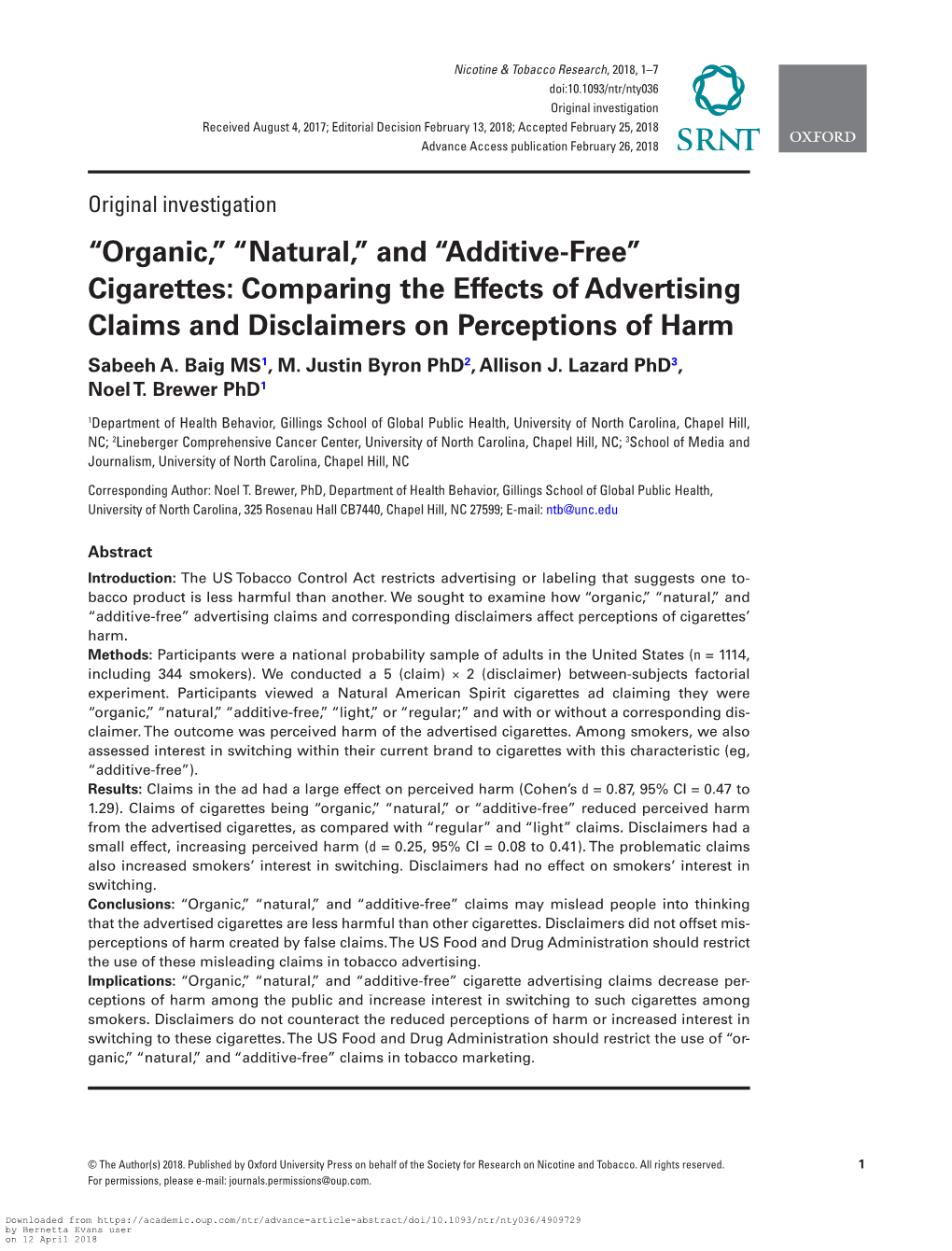 “Organic,” “Natural,” and “Additive-Free” Cigarettes: Comparing the Effects of Advertising Claims and Disclaimers on Perceptions of Harm Sabeeh A