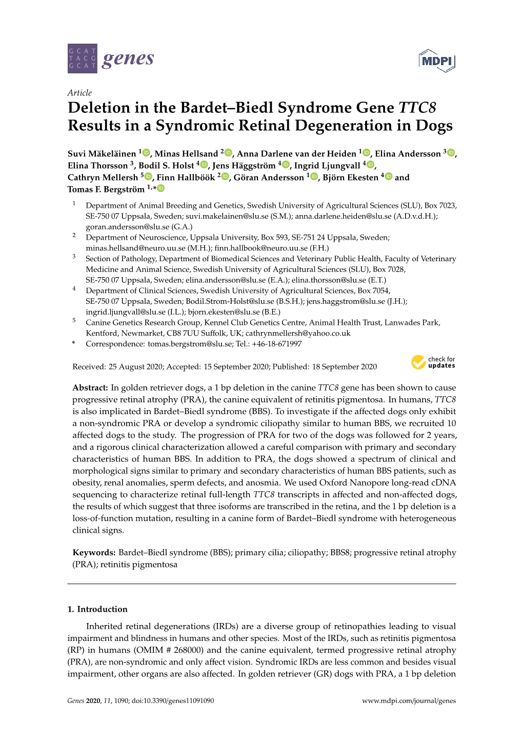 Deletion in the Bardet–Biedl Syndrome Gene TTC8 Results in a Syndromic Retinal Degeneration in Dogs