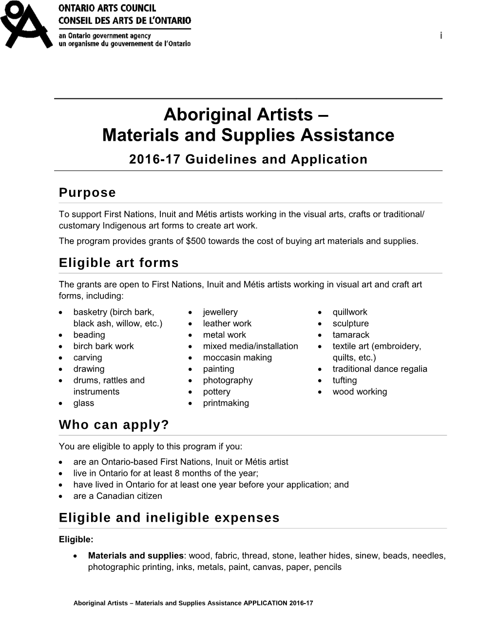 Aboriginal Artists Materials and Supplies Assistance APPLICATION 2016-17