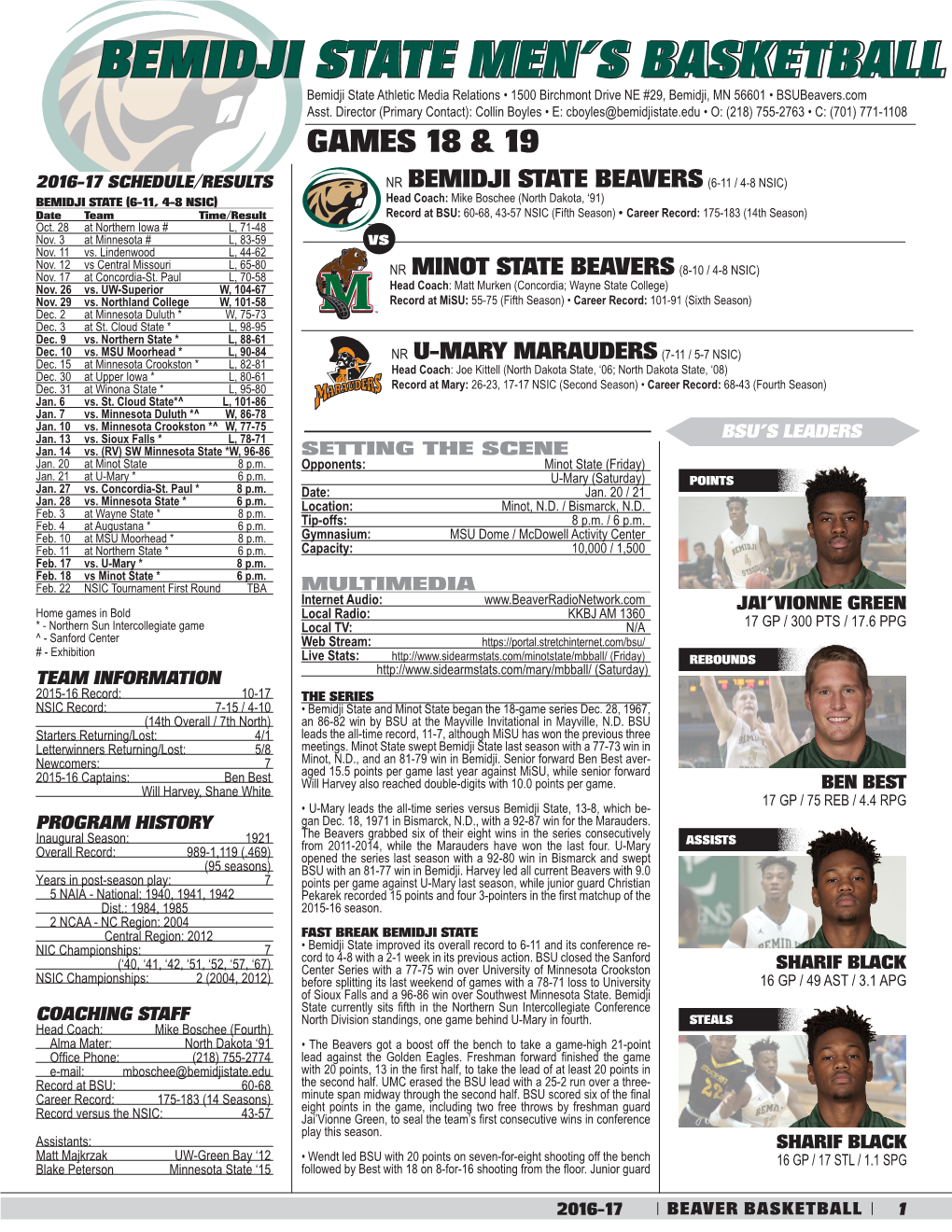 Bemidji State Men's Basketball GAME NOTES Bemidji State Combined Team Statistics (As of Jan 14, 2017) 2016-17 Seasonall Games Statistics