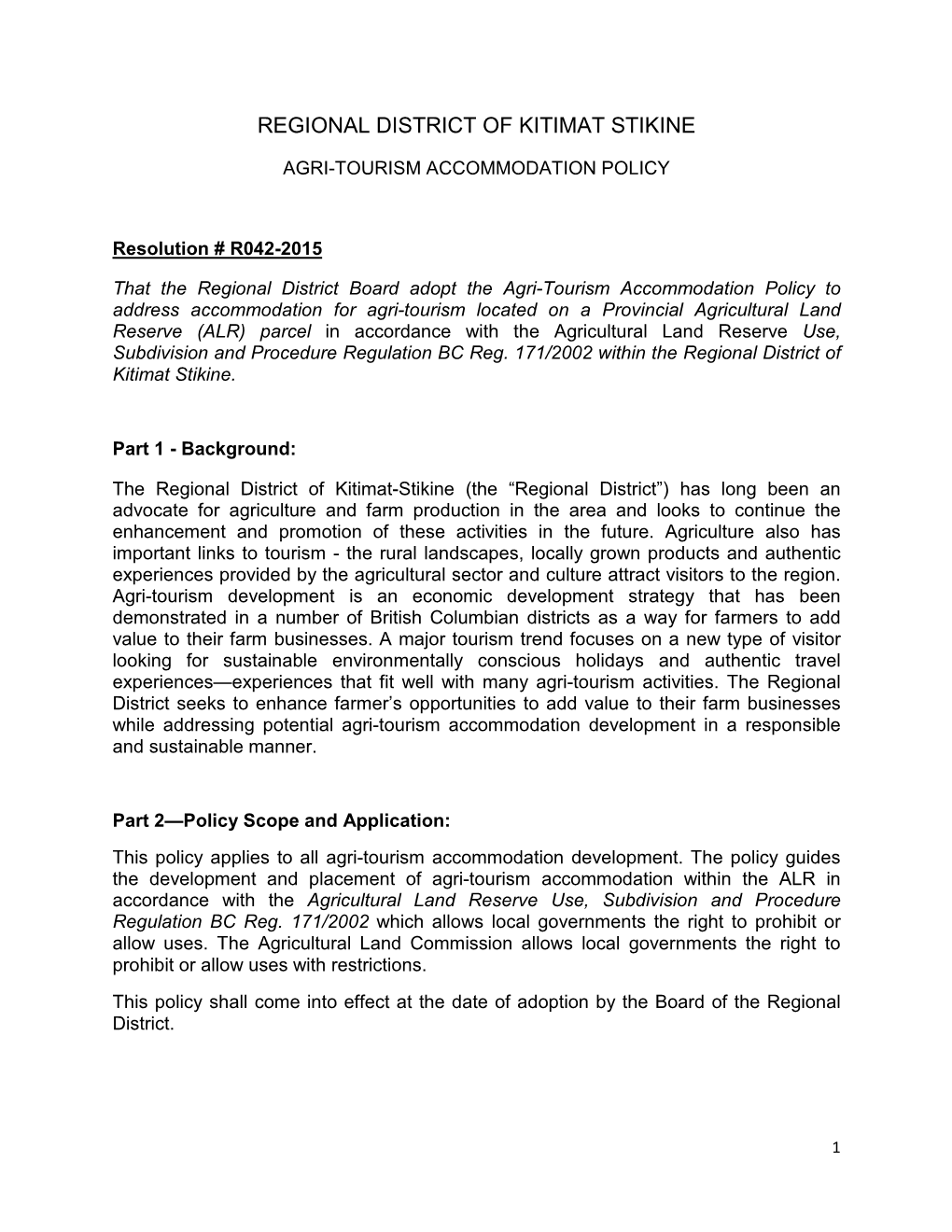 Agri-Tourism Accommodation Policy