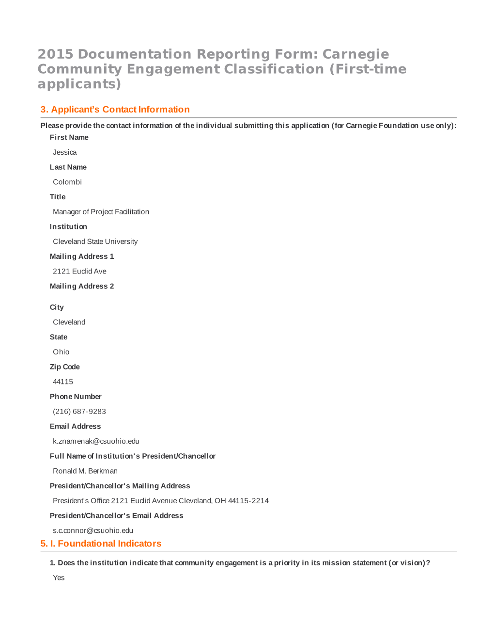 2015 Documentation Reporting Form: Carnegie Community Engagement Classification (First-Time Applicants)