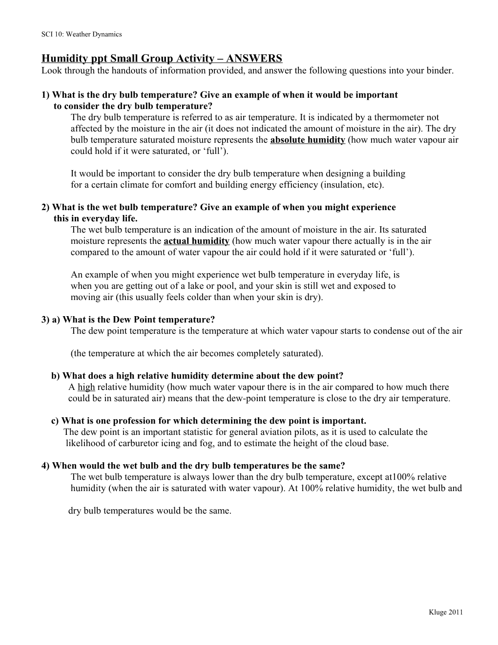 Humidity Ppt Small Group Activity ANSWERS