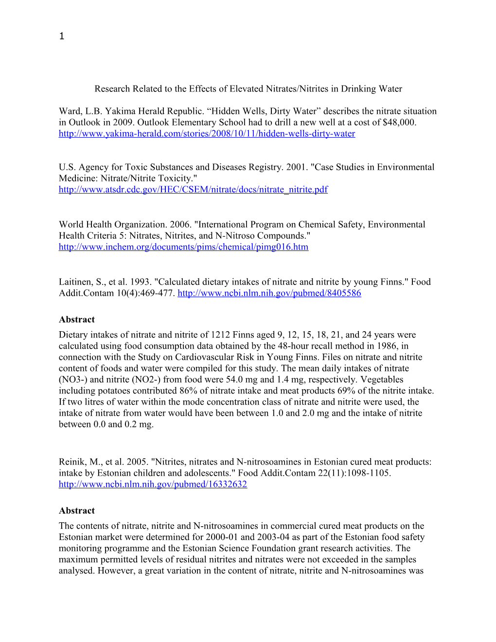 Research Related to the Effects of Elevated Nitrates/Nitrites in Drinking Water