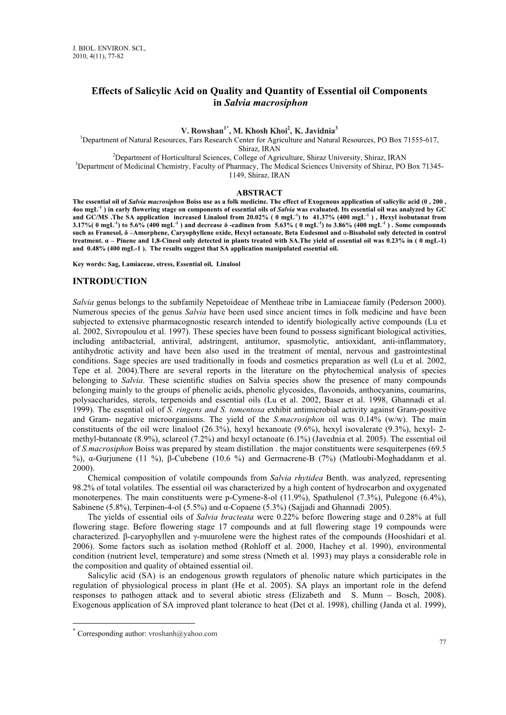 Effects of Salicylic Acid on Quality and Quantity of Essential Oil Components in Salvia Macrosiphon