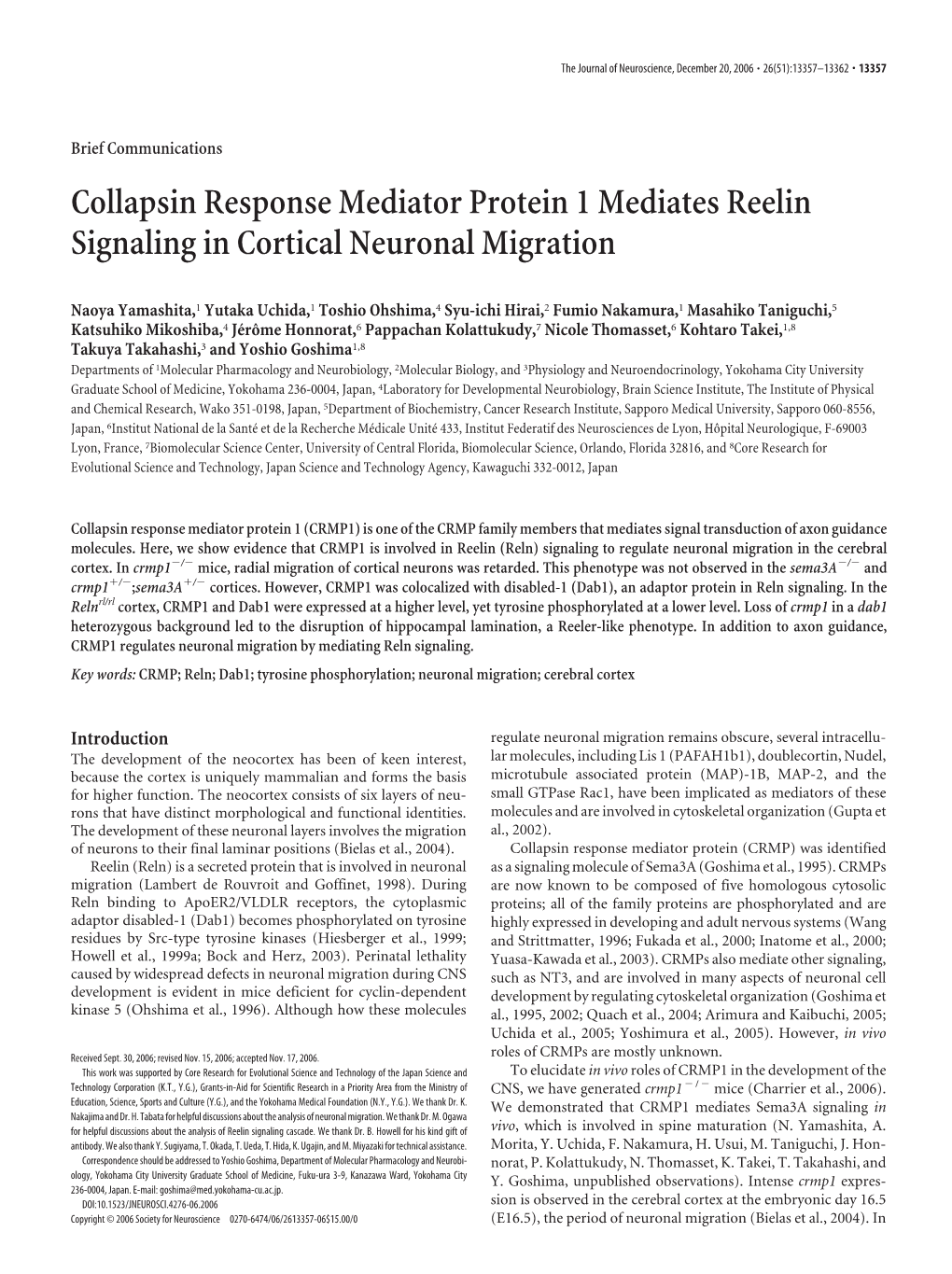 Collapsin Response Mediator Protein 1 Mediates Reelin Signaling in Cortical Neuronal Migration