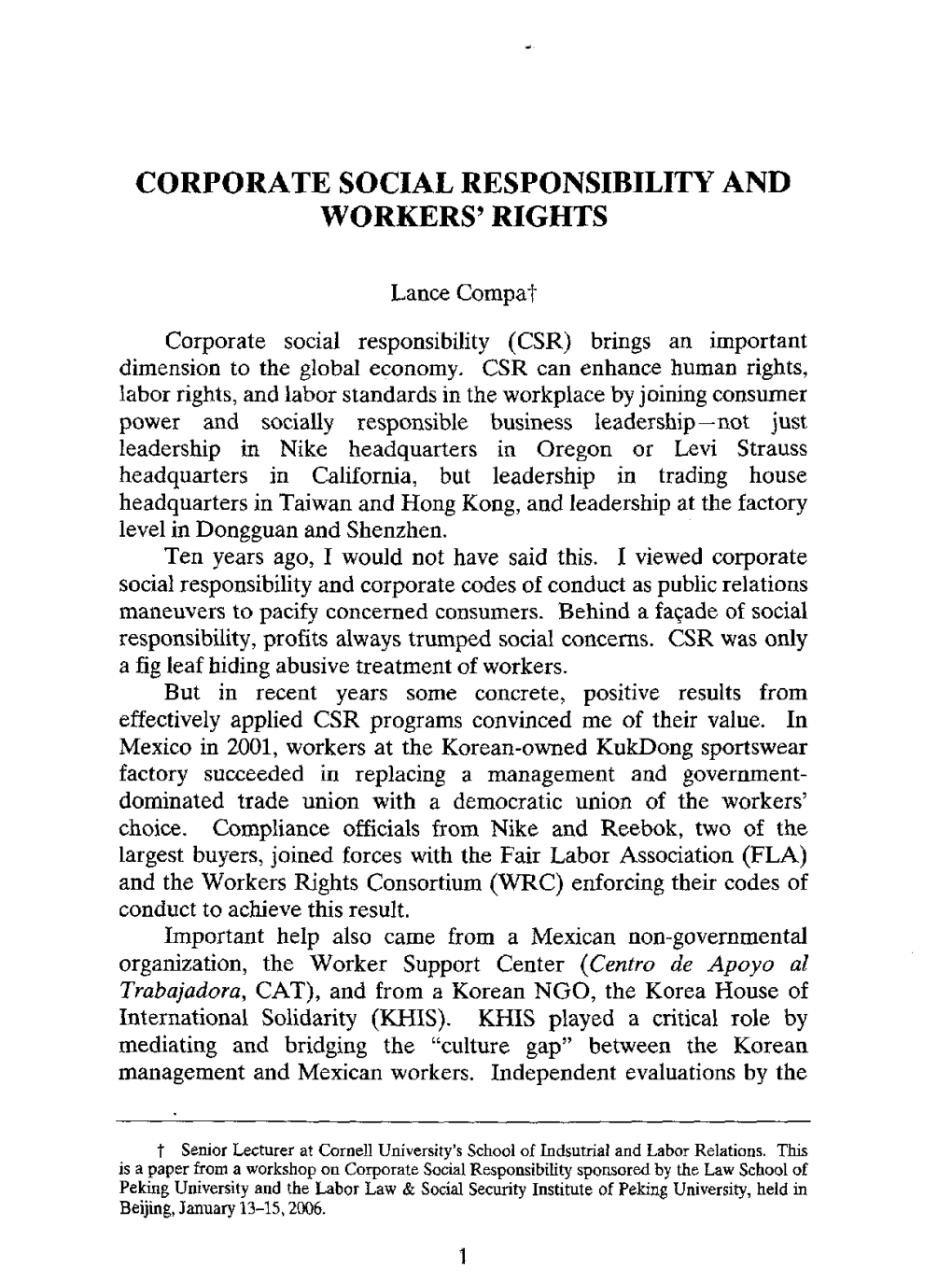 Corporate Social Responsibility and Workers' Rights