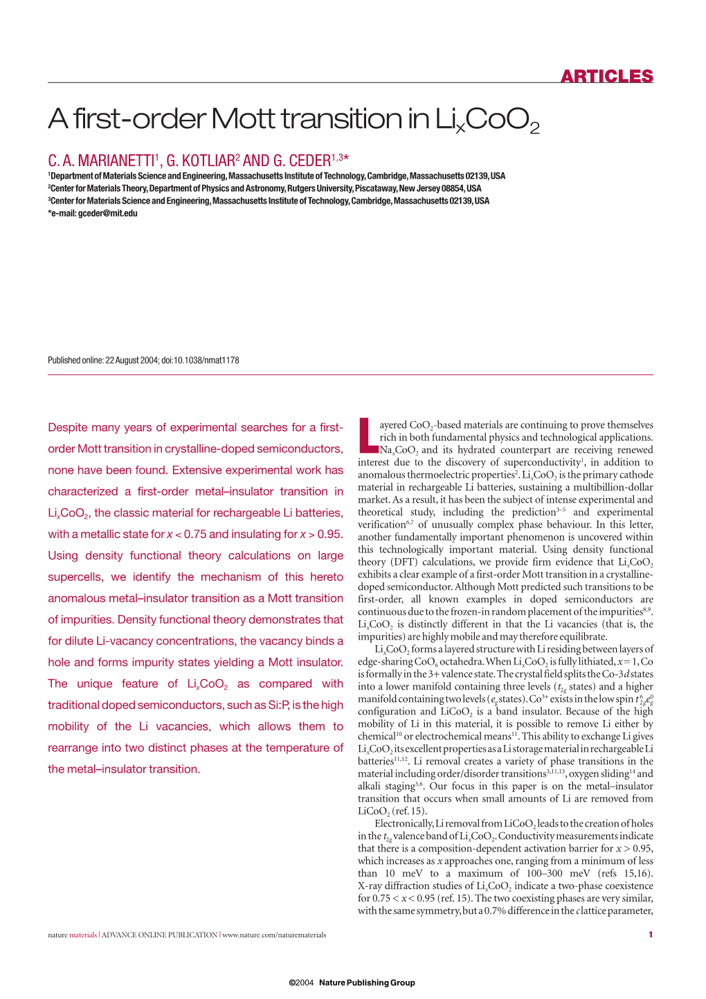 A First-Order Mott Transition in Lix Coo2