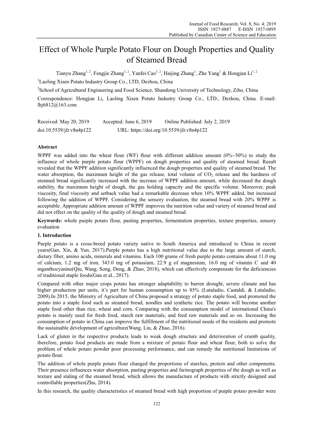 Effect of Whole Purple Potato Flour on Dough Properties and Quality of Steamed Bread