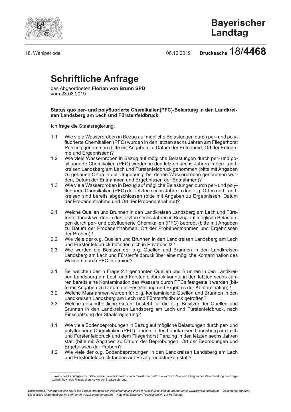 Schriftliche Anfrage Des Abgeordneten Florian Von Brunn SPD Vom 23.08.2019