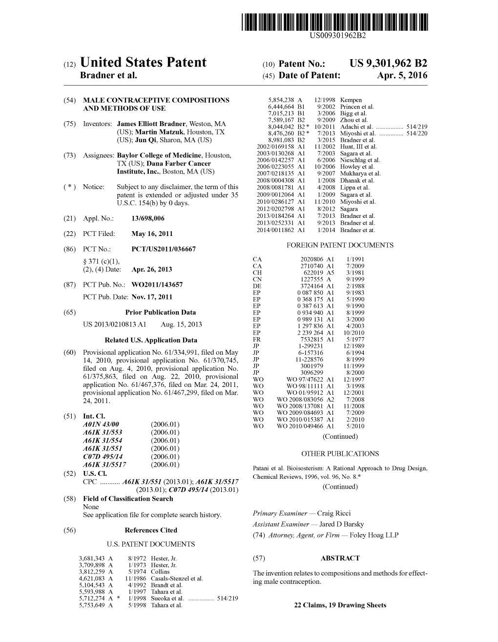 (12) United States Patent (10) Patent No.: US 9,301.962 B2 Bradner Et Al