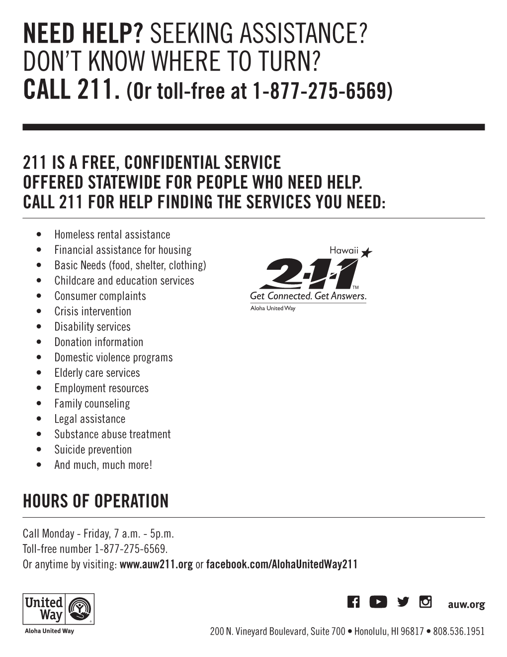 Need Help? Seeking Assistance? Don’T Know Where to Turn? Call 211