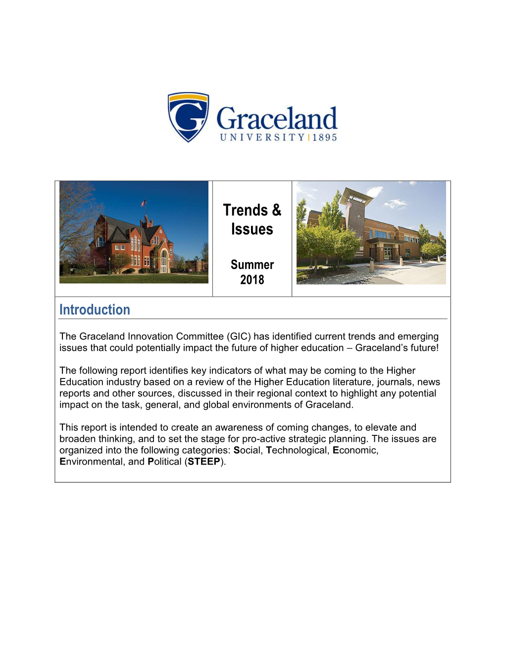 Environmental Scanning Report, Which Identifies Current Trends and Emerging Issues That Have the Potential to Affect the Future of Graceland University