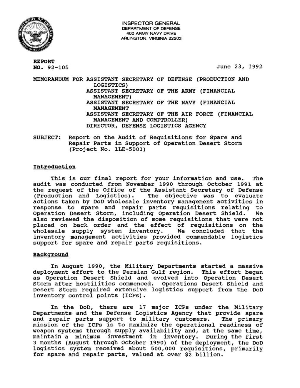 Report on the Audit of Requisitions for Spare and Repair Parts in Support of Operation Desert Storm (Project No